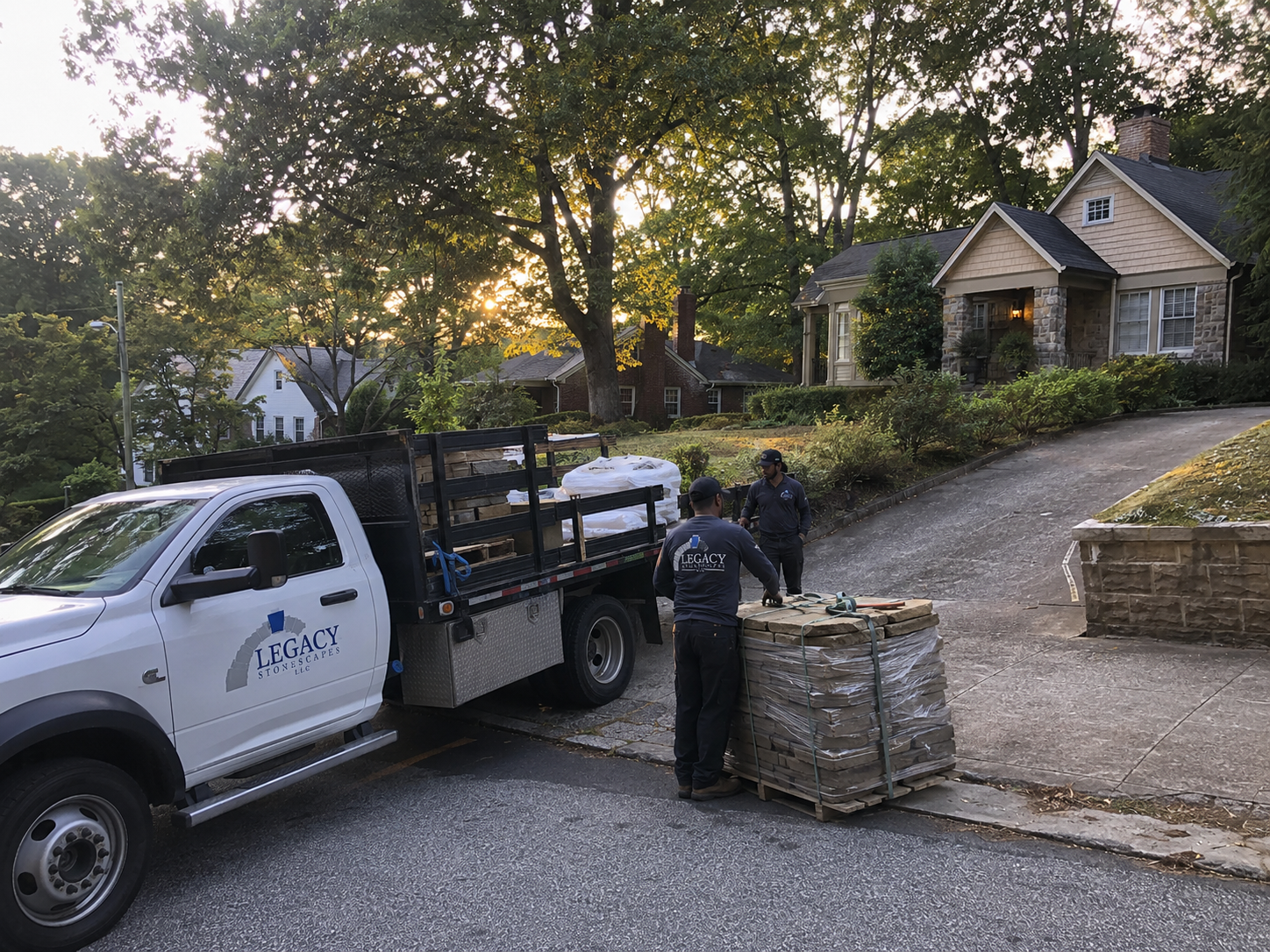 Masonry crew truck staged on a Beecher Hills street near Willis Mill Road in Atlanta