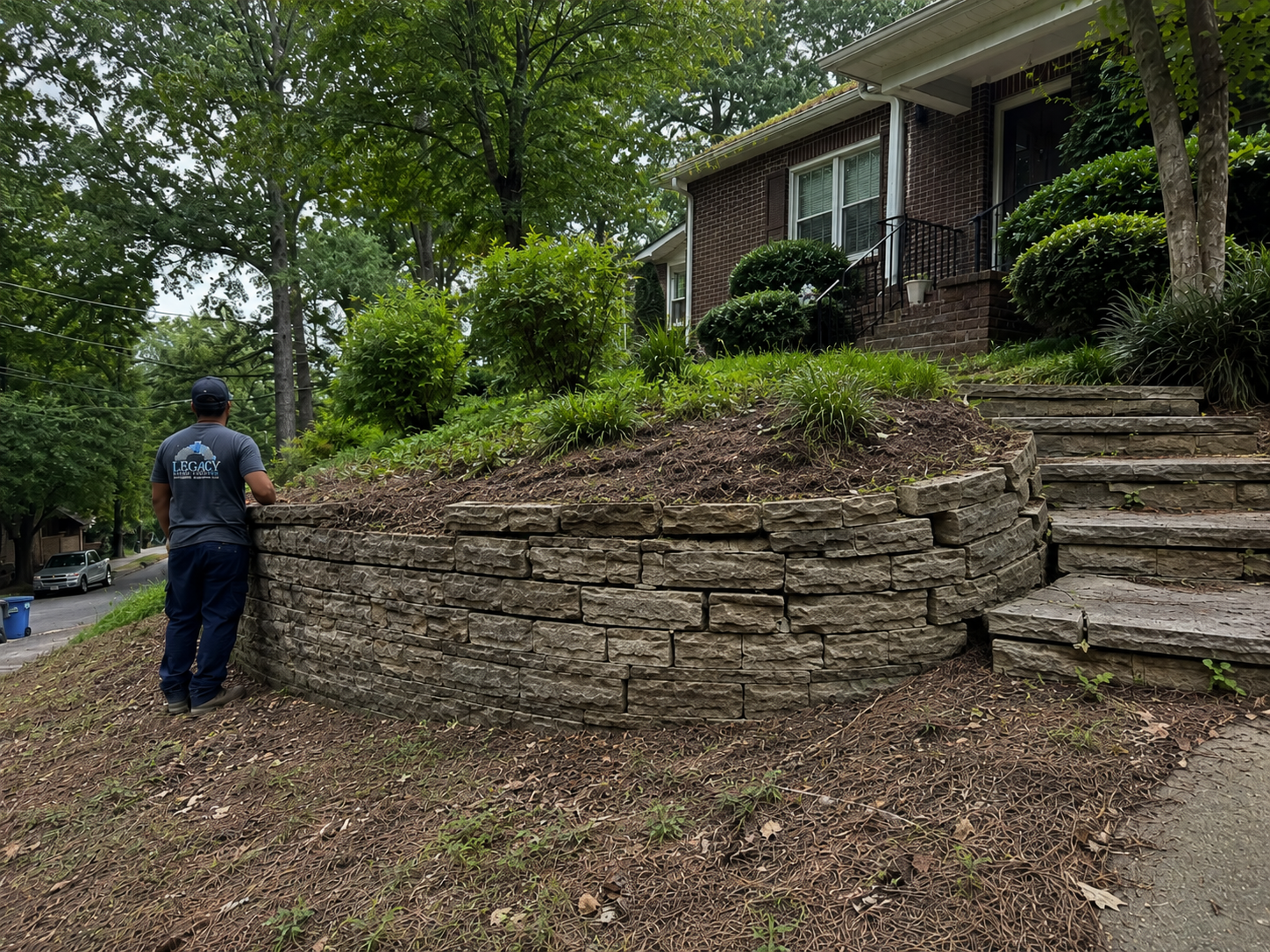 Leaning stone retaining wall on a sloped front yard in Beecher Hills, Atlanta
