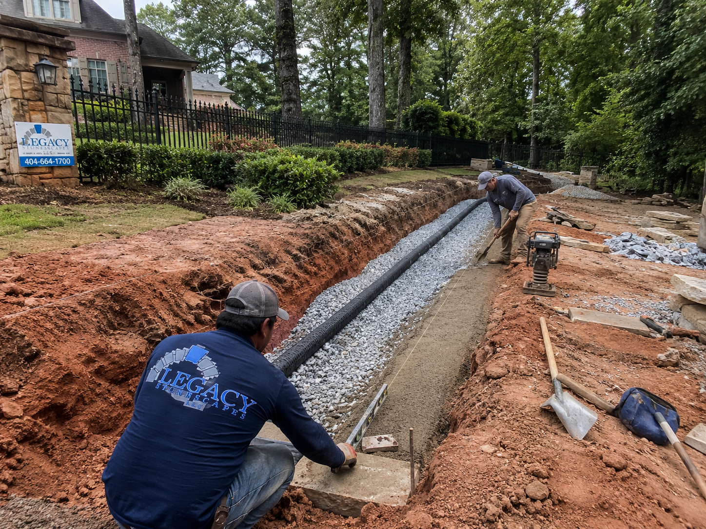 Gravel backfill and drain pipe behind a new stone wall in Southwest Atlanta
