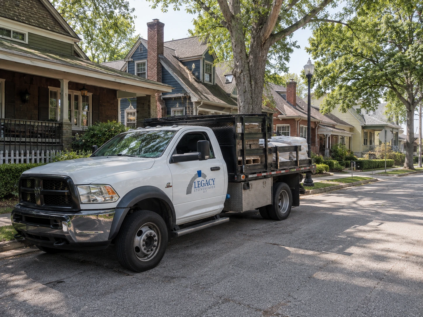 Masonry service truck parked curbside on an East Point ward street