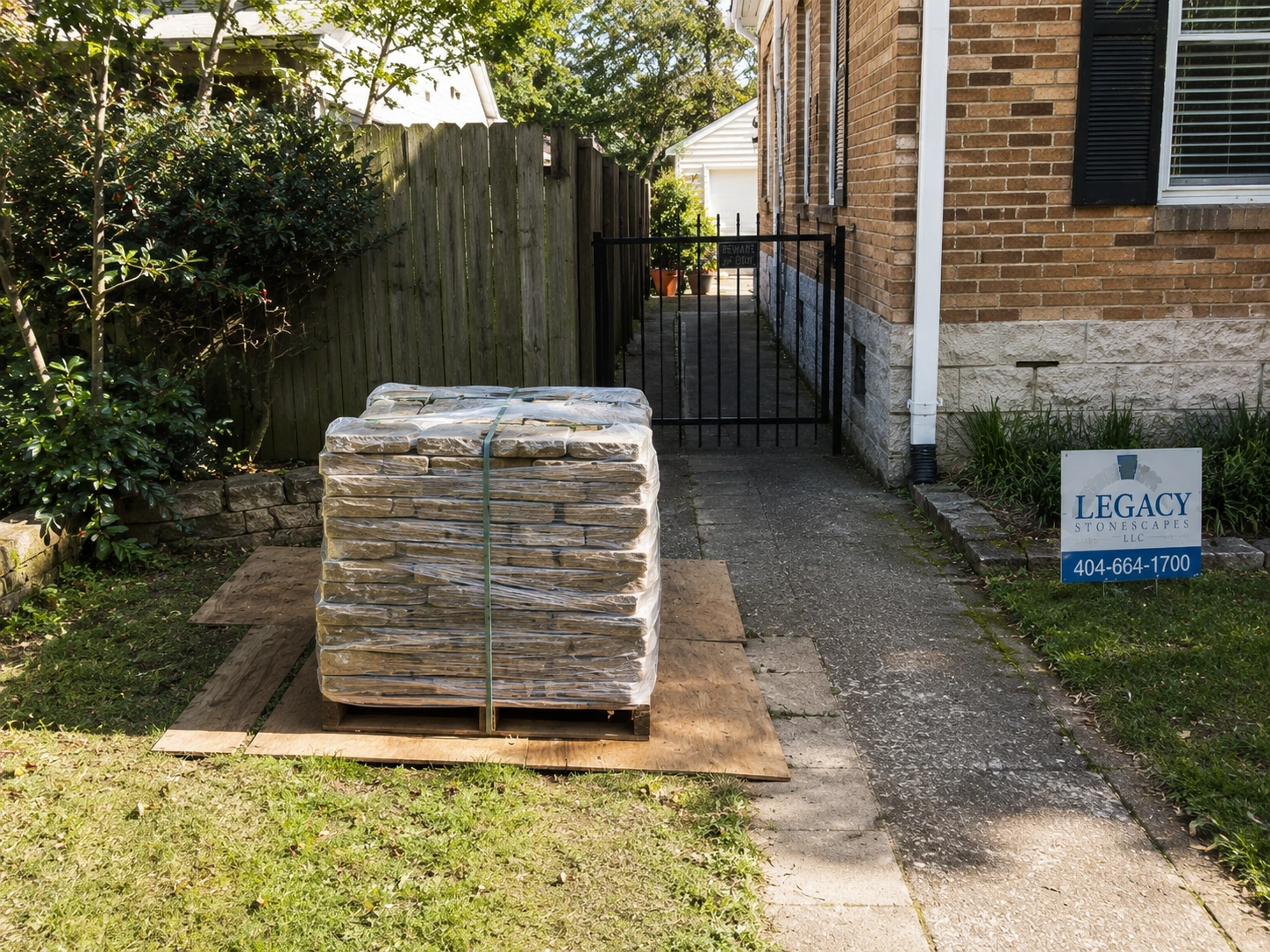 Stone pallet staged on plywood beside a narrow East Point driveway