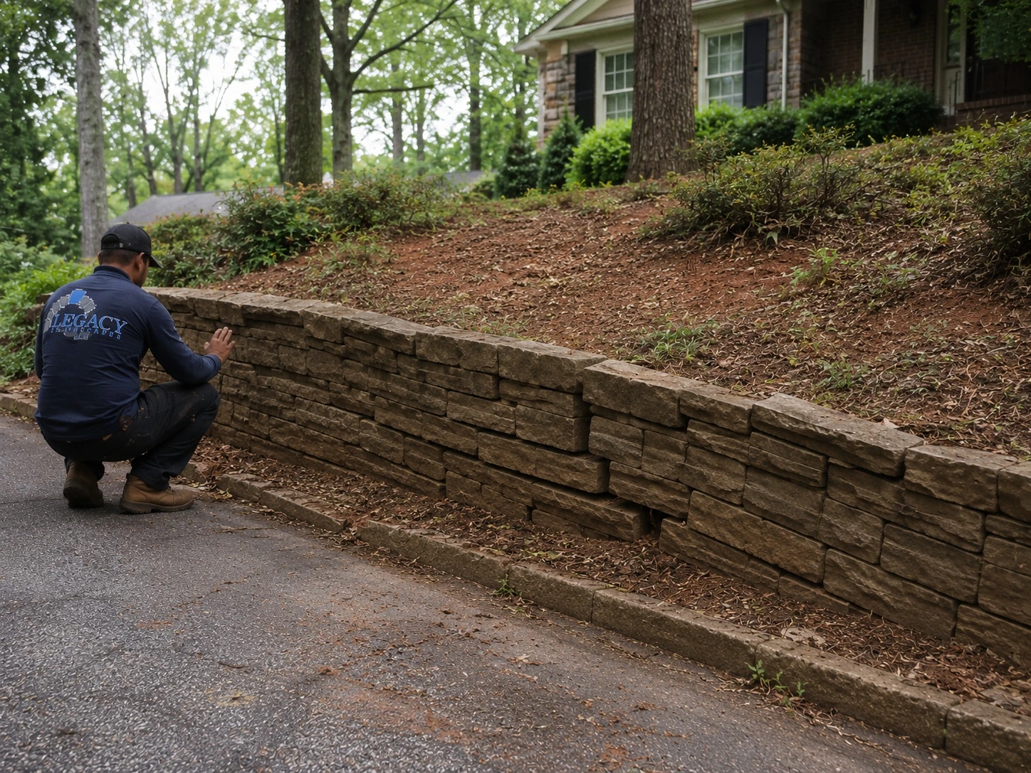 Tilting stone retaining wall on a sloped Ben Hill side yard in Atlanta