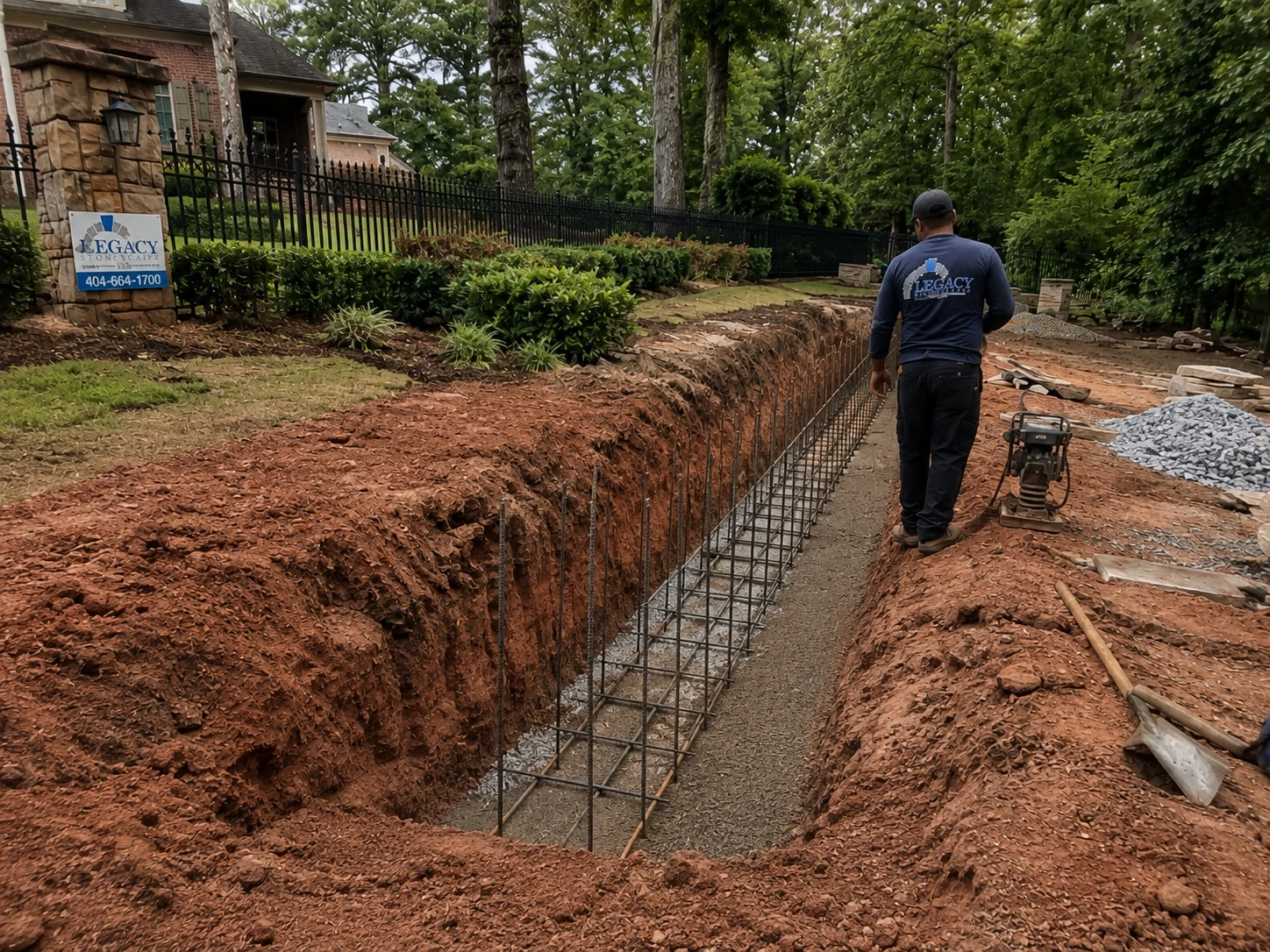 Footing and rebar stage of a stone wall build on a Ben Hill lot in Atlanta