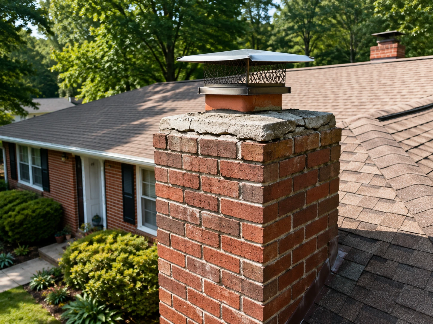 Cracked chimney crown on a 1950s brick ranch in North Decatur