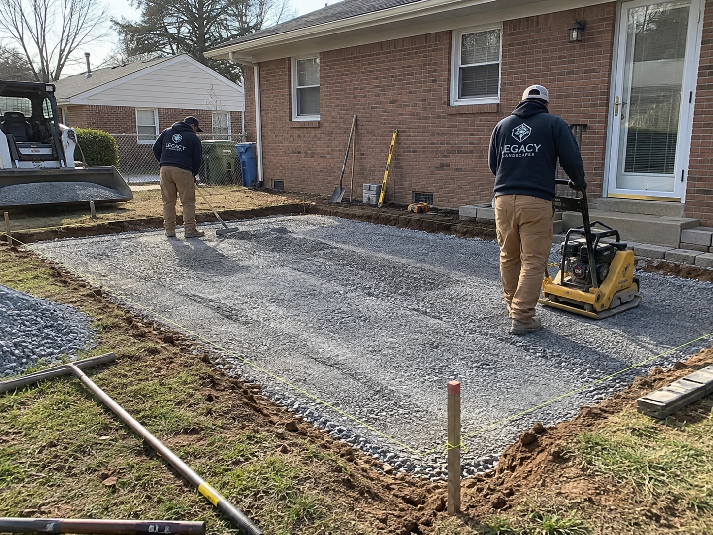 Compacted gravel base being built in lifts for a patio in Belvedere Park