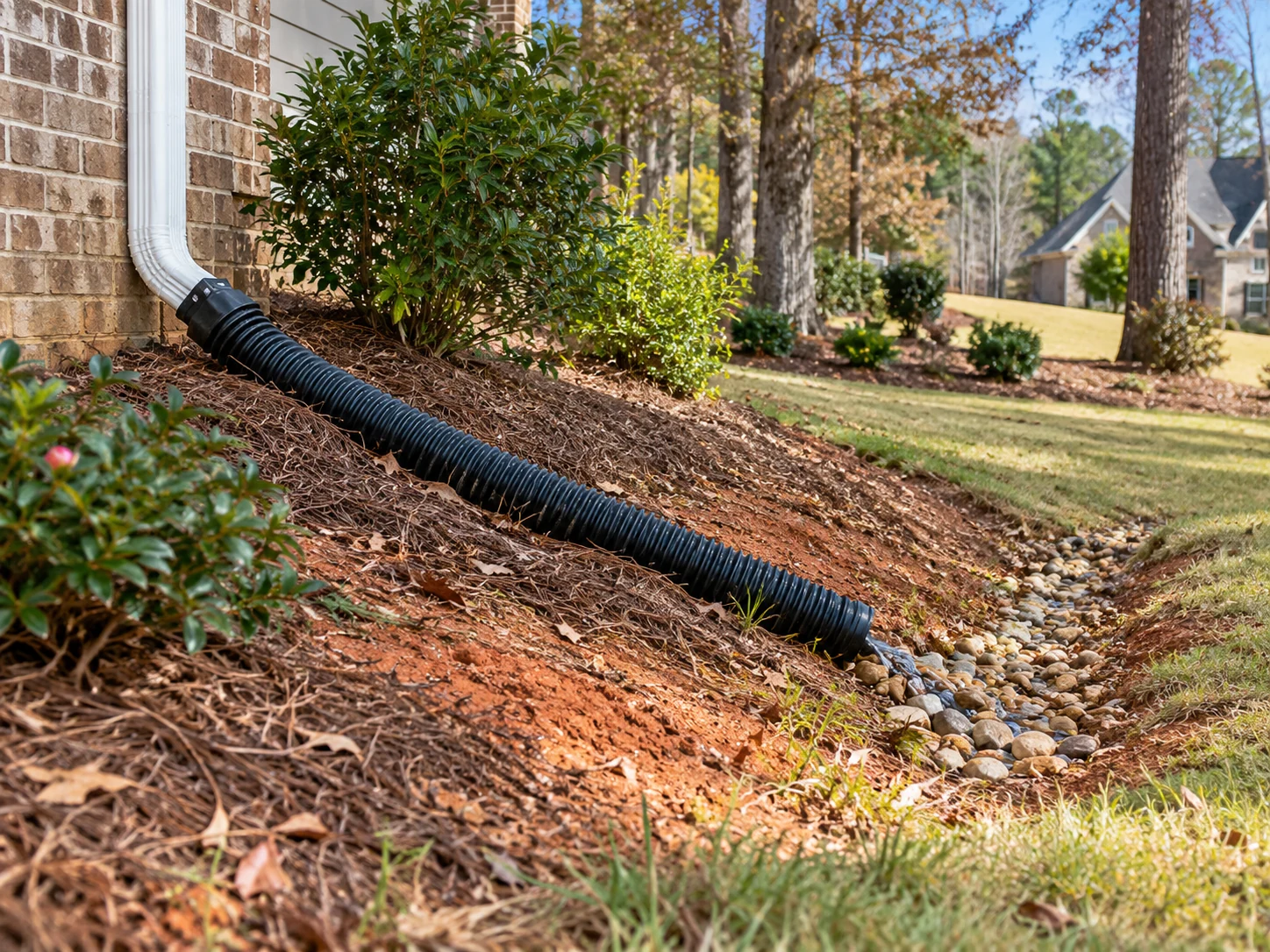 Extended downspout carrying roof water away from an Atlanta foundation