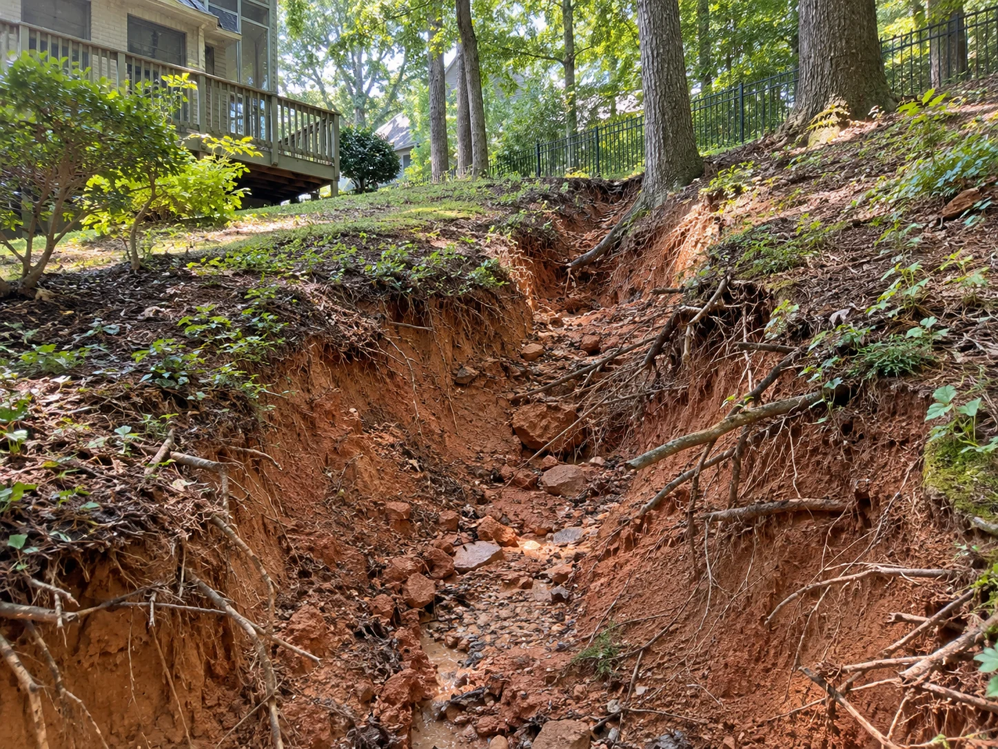 Erosion gully cut into a sloped Atlanta back yard after heavy rain