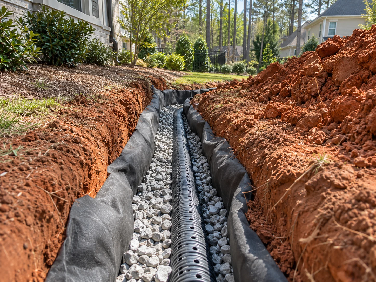 French drain trench with gravel and perforated pipe on an Atlanta lot