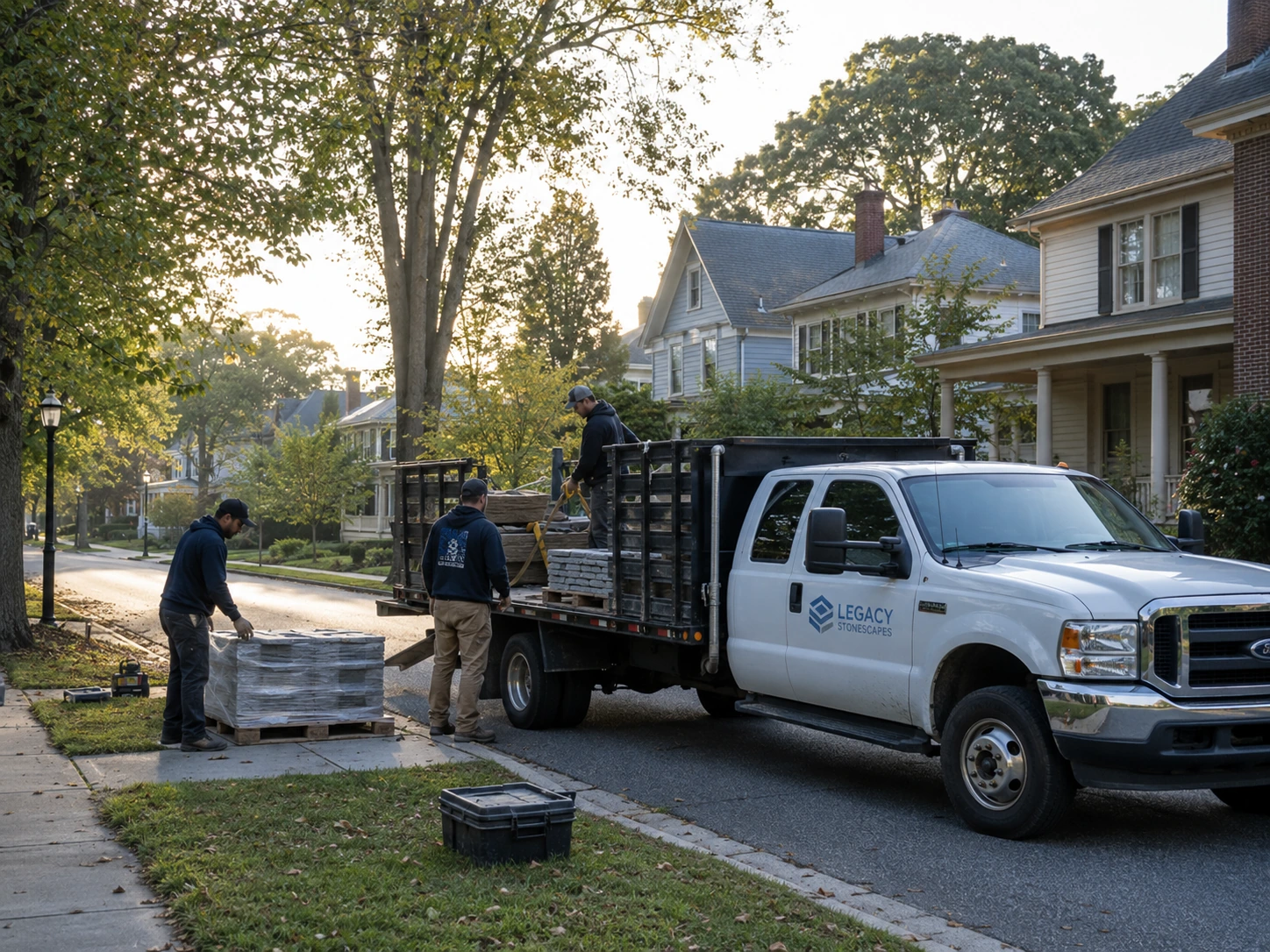Masonry crew unloading on a short avenue in Historic College Park
