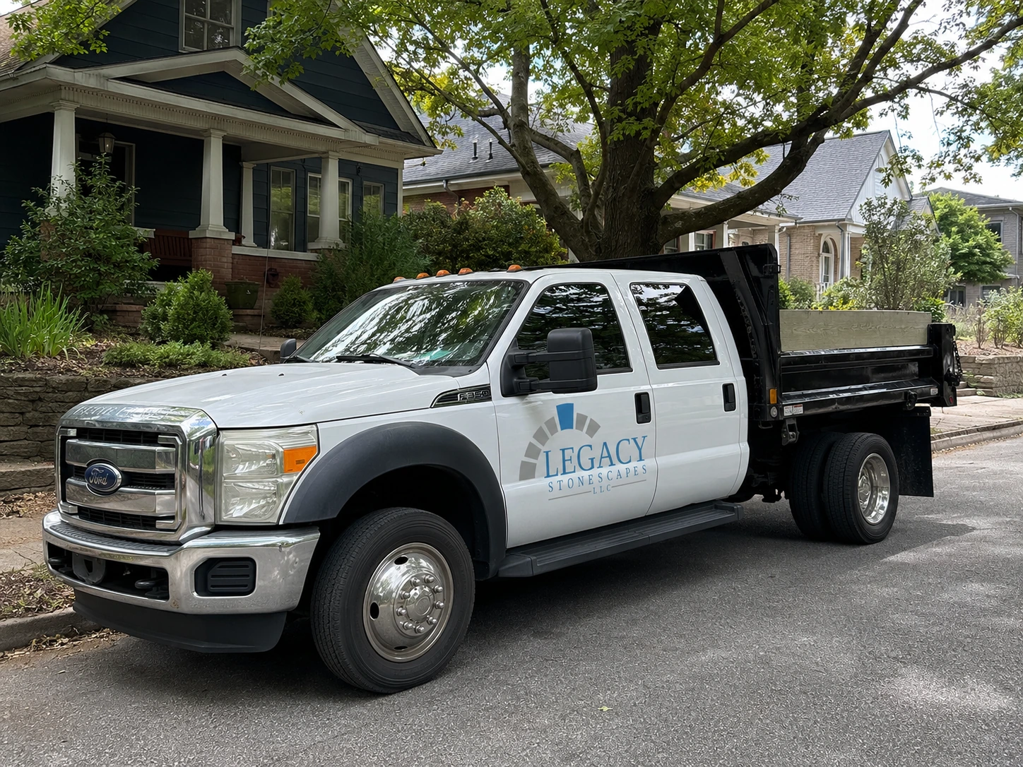 Masonry crew truck staged on a Virginia-Highland street in Atlanta