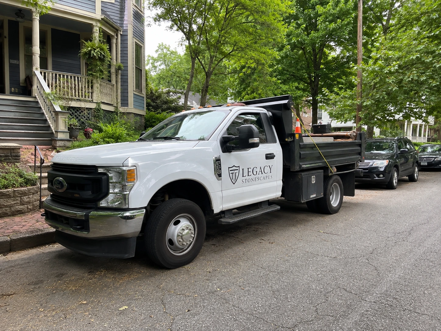 Masonry crew truck staged on a West End street in Atlanta