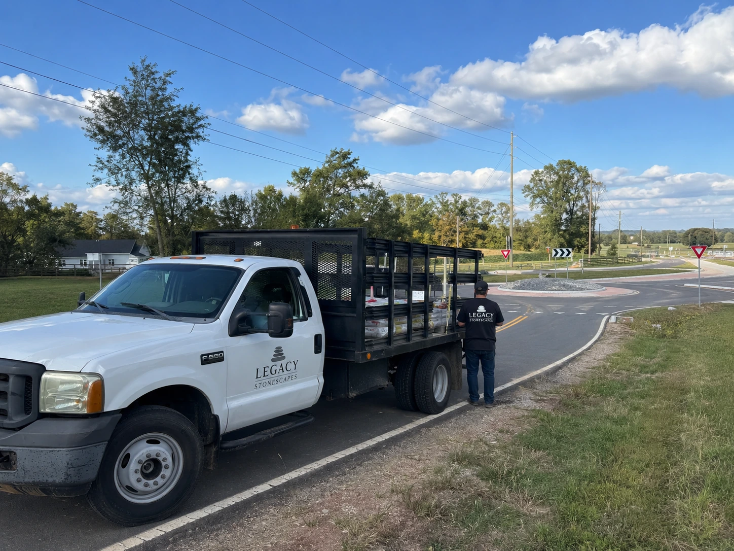 Masonry truck on a rural road near the Cedar Grove Road traffic circle