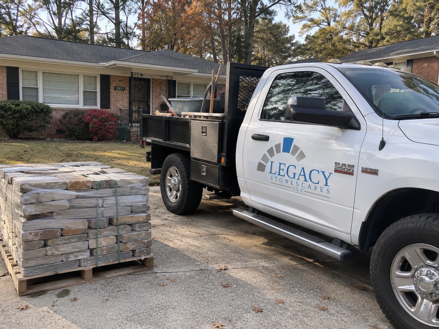 Masonry truck staged in a Belvedere Park driveway near Columbia Drive