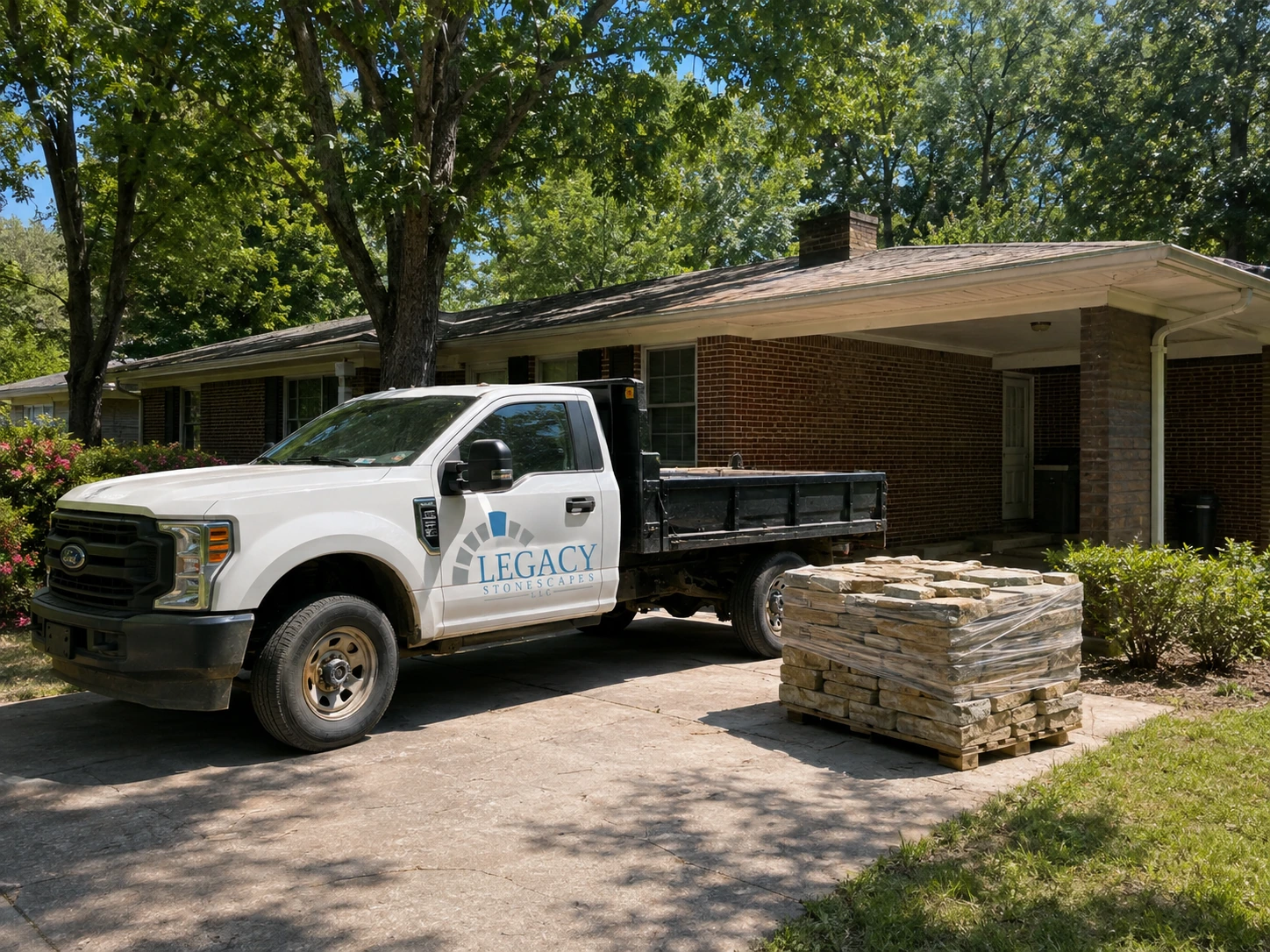 Masonry truck staged in a ranch house driveway in North Decatur