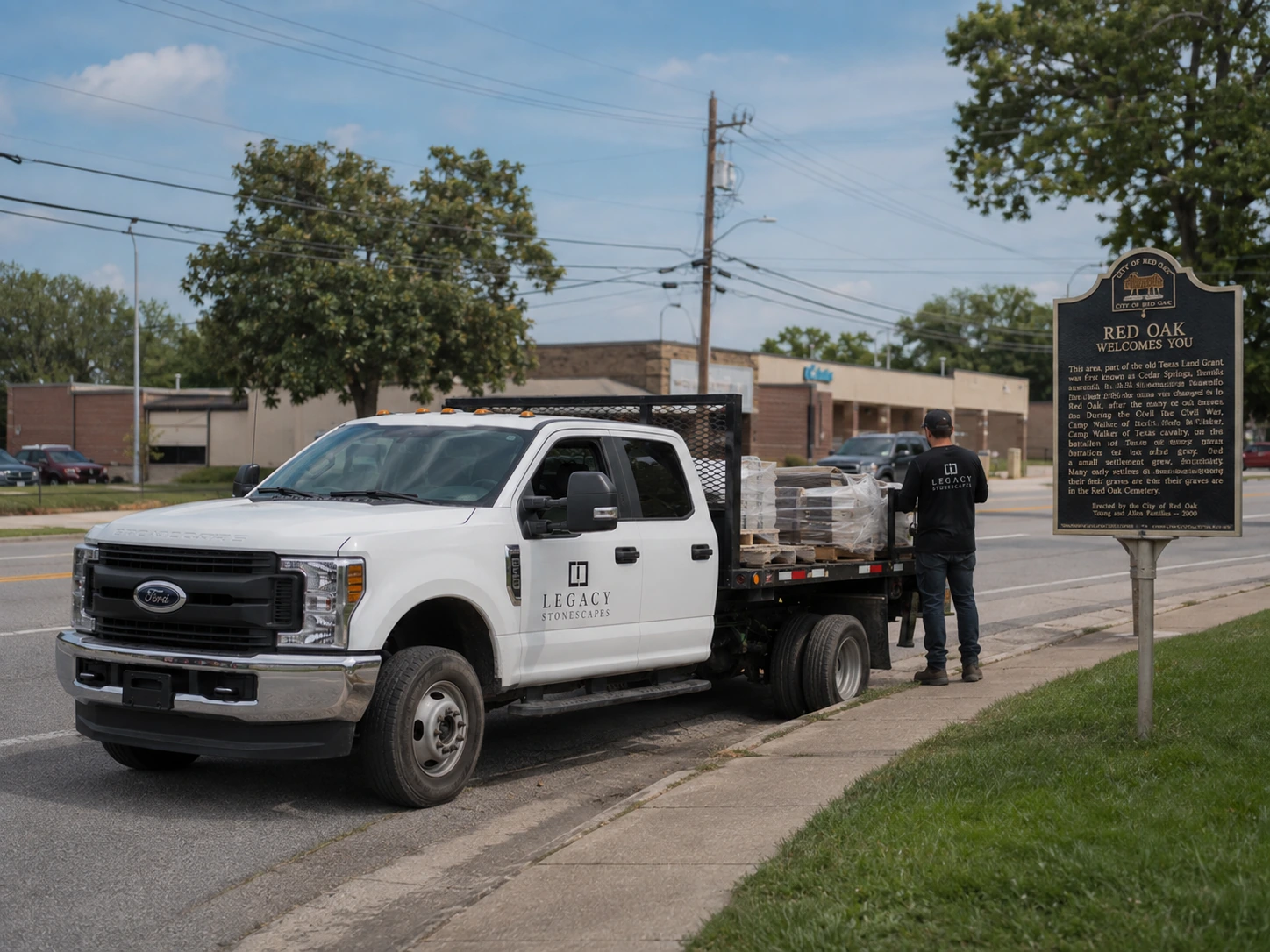 Masonry truck staged near the historical marker at Welcome All Road and US 29