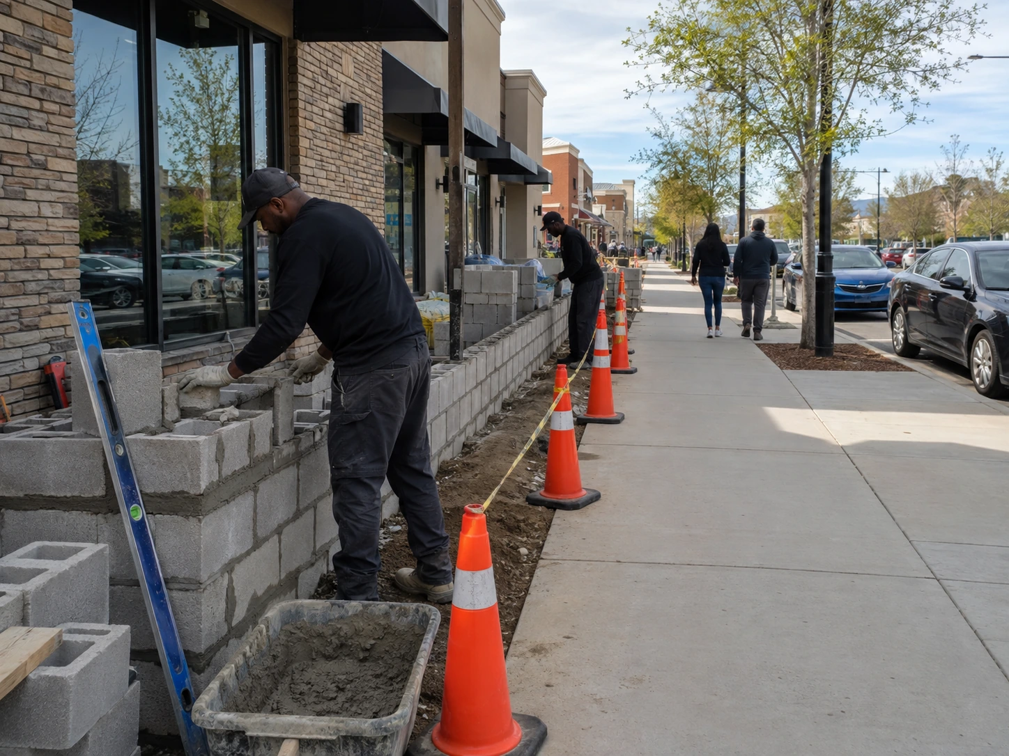 Coned masonry work zone with an open pedestrian path on the Old National corridor
