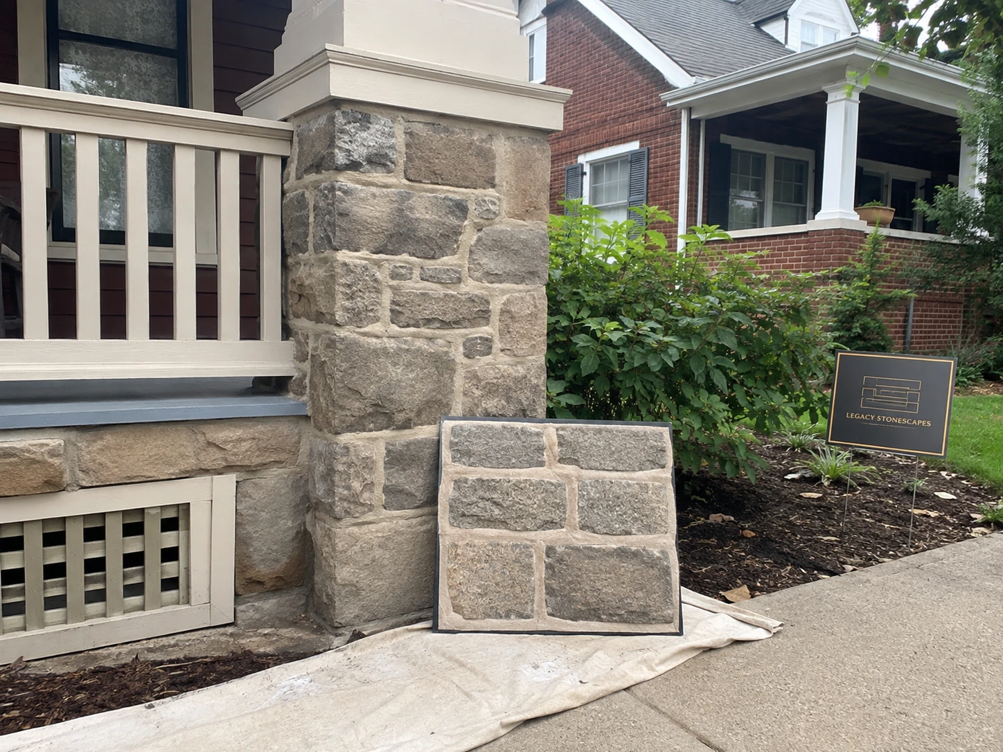 Stone match mock-up set against an original porch pier in College Park