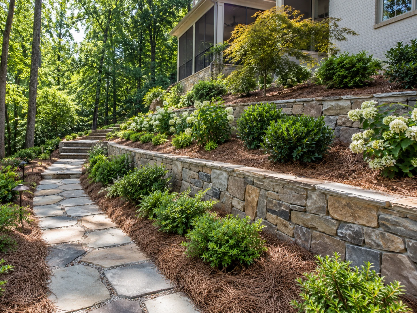 Planted terrace beds and a stone path on an Atlanta slope