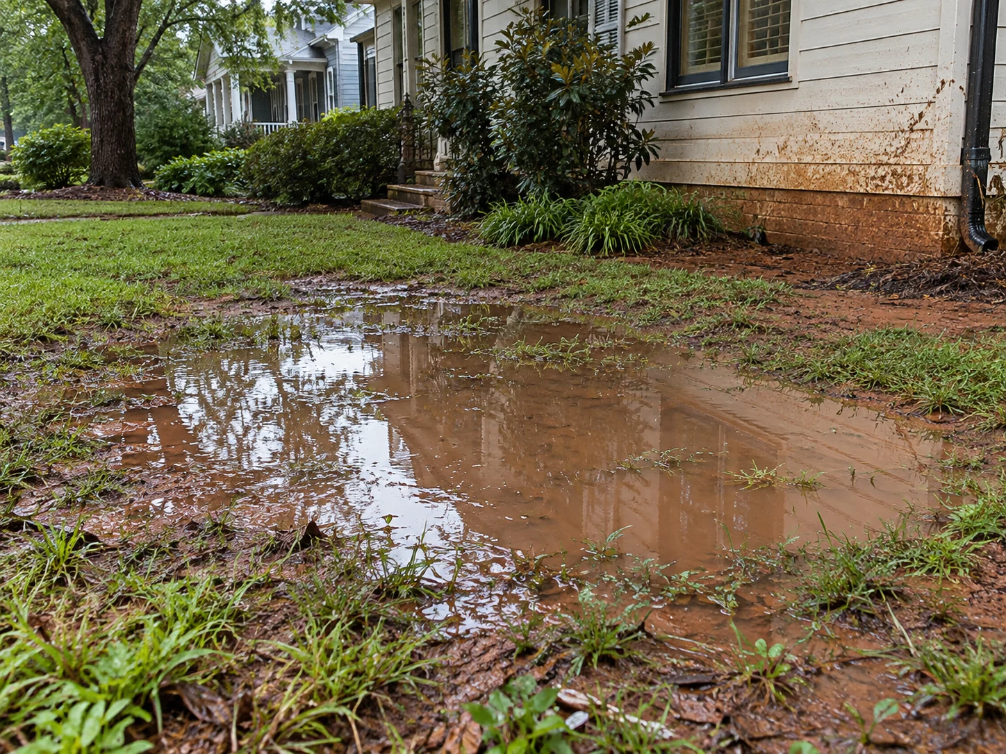 Standing water in a low spot of an Atlanta lawn after rain