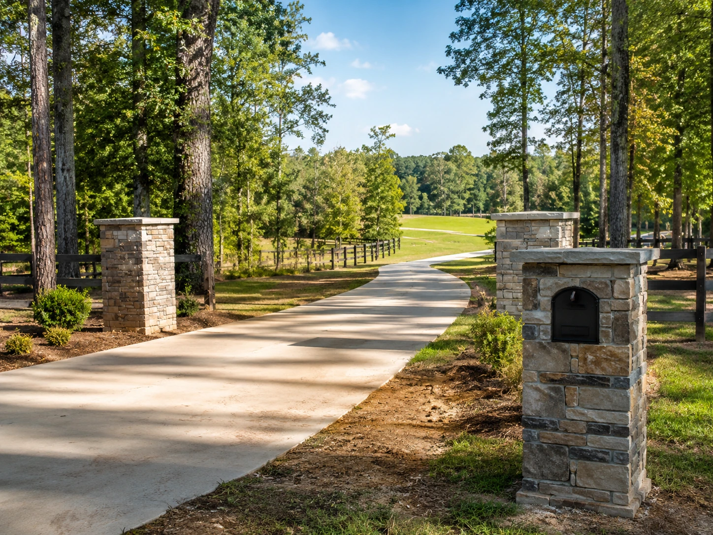 Stone entry columns on an open-acre lot near Cliftondale Road in South Fulton