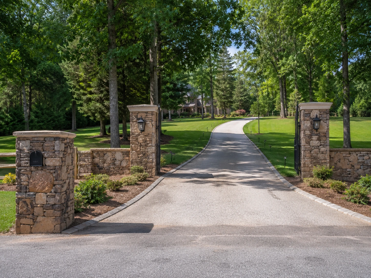 Stone entry columns at a long driveway in the Enon area of South Fulton