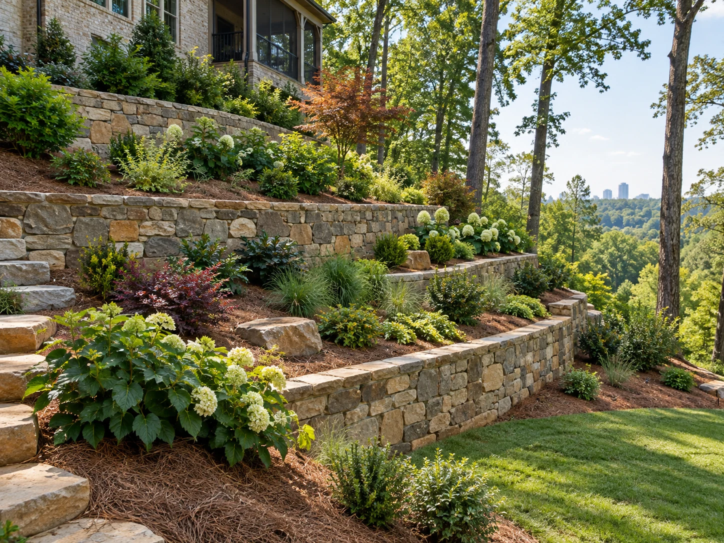 Stone terraces holding a hillside slope on an Atlanta property