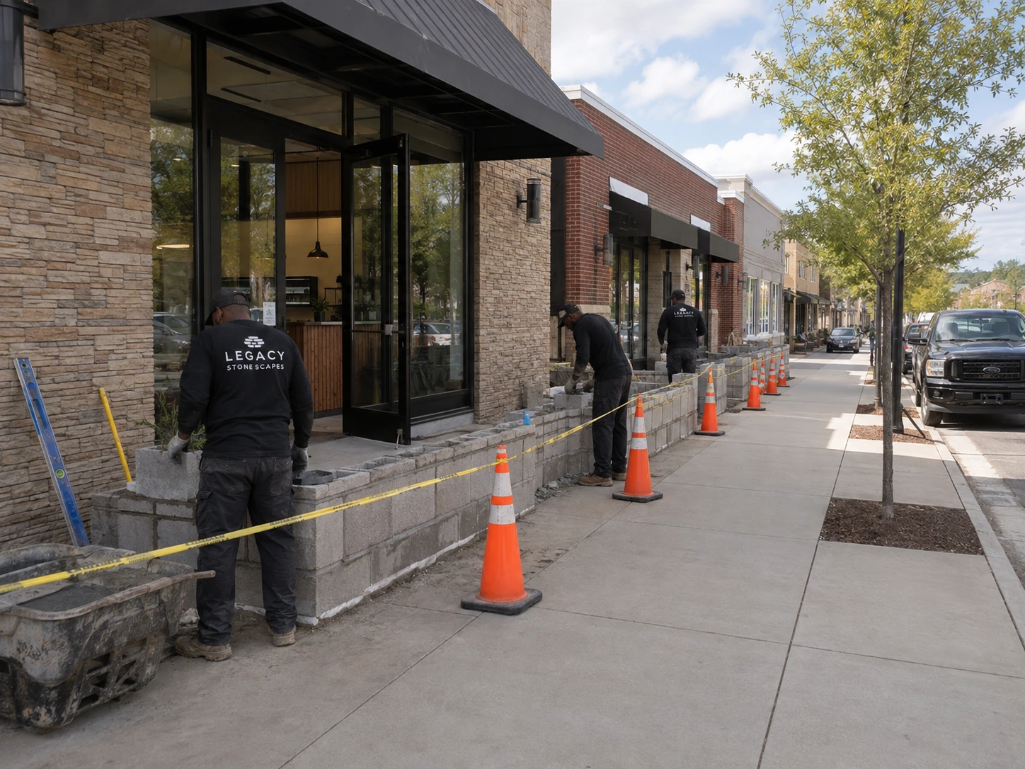 Coned masonry work zone at a Red Oak storefront on Roosevelt Highway